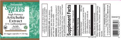 Photo of the Swanson Superior Herbs High Potency Artichoke Extract 13% Caffeoylquinic Acids 350 mg label