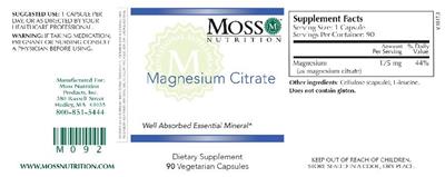 Photo of the Moss Nutrition Magnesium Citrate label