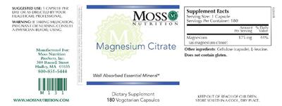 Photo of the Moss Nutrition Magnesium Citrate label
