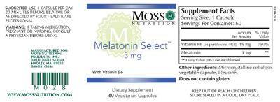 Photo of the Moss Nutrition Melatonin Select 3 mg label