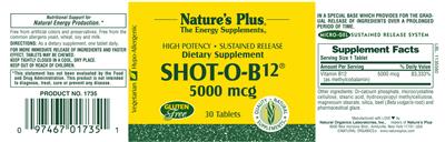Photo of the Nature's Plus High Potency Shot-O-B12 5000 mcg label