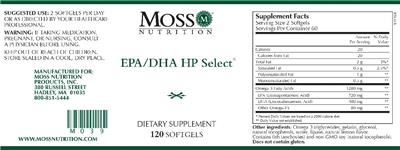 Photo of the Moss Nutrition EPA/DHA HP Select label