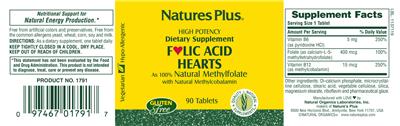 Photo of the Natures Plus High Potency Folic Acid Hearts label