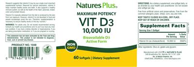 Photo of the Natures Plus Maximum Potency Vit D3 10,000 IU label