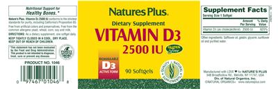Photo of the Natures Plus Vitamin D3 2500 IU label
