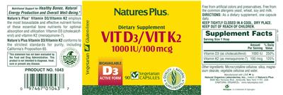 Photo of the Natures Plus Vit D3 1000 IU/Vit K2 100 mcg label