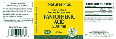 Photo of the Natures Plus High Potency Pantothenic Acid 500 mg label