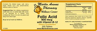 Photo of the Martin Avenue Pharmacy Folic Acid 800 mcg With Vitamin B-12 label