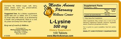 Photo of the Martin Avenue Pharmacy L-Lysine 500 mg label