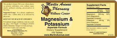 Photo of the Martin Avenue Pharmacy Magnesium & Potassium Aspartate Formula label