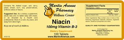 Photo of the Martin Avenue Pharmacy Niacin 100 mg Vitamin B-3 label