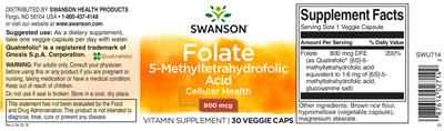 Photo of the Swanson Folate 5-Methyltetrahydrofolic Acid 800 mcg label