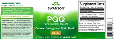 Photo of the Swanson PQQ 20 mg label