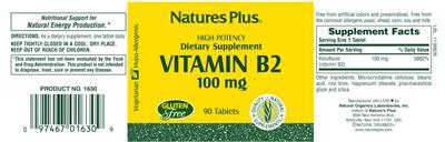 Photo of the Natures Plus High Potency Vitamin B2 100 mg label