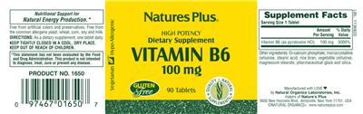 Photo of the Natures Plus High Potency Vitamin B6 100 mg label