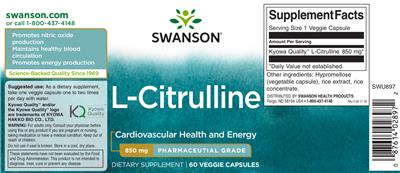 Photo of the Swanson L-Citrulline 850 mg Pharmaceutical Grade label
