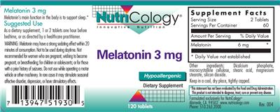 Photo of the NutriCology Melatonin 3 mg label