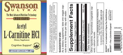 Photo of the Swanson Ultra Acetyl L-Carnitine HCl 500 mg label