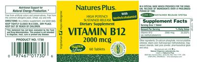 Photo of the Natures Plus High Potency Vitamin B12 2000 mcg label