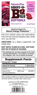 Photo of the Natures Plus High Potency Shot-O-B12 5000 mcg label