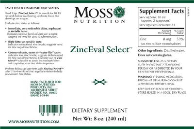 Photo of the Moss Nutrition ZincEval Select label