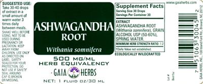 Photo of the Gaia Herbs Ashwagandha Root label