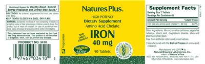 Photo of the Natures Plus High Potency Amino Acid Chelate Iron 40 mg label