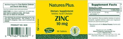 Photo of the Natures Plus Amino Acid Chelate Zinc 10 mg label