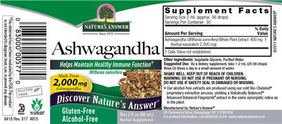 Photo of the Nature's Answer Ashwagandha Alcohol-Free label