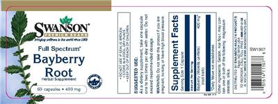 Photo of the Swanson Premium Brand Full Spectrum Bayberry Root 400 mg label