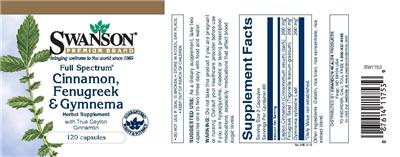 Photo of the Swanson Premium Brand Full Spectrum Cinnamon, Fenugreek & Gymnema with True Ceylon Cinnamon label
