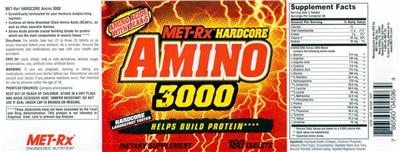 Photo of the MET-Rx Hardcore Amino 3000 label