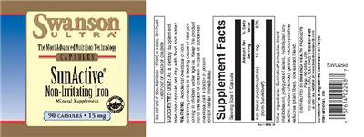 Photo of the Swanson Ultra SunActive Non-Irritating Iron 15 mg label