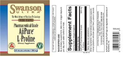 Photo of the Swanson Ultra Pharmaceutical Grade AjiPure L-Proline 500 mg label