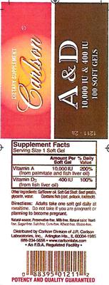 Photo of the Carlson A & D 10,000 IU & 400 IU label