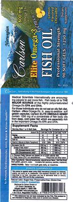 Photo of the Carlson Elite Omega-3 Gems Lemon Flavored Chewable label