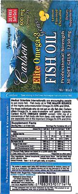 Photo of the Carlson Elite Omega-3 Gems Lemon Flavored Chewable label