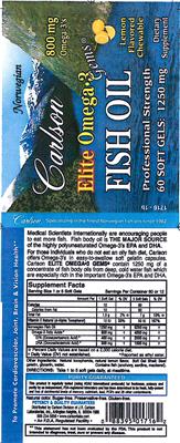 Photo of the Carlson Elite Omega-3 Gems Lemon Flavored Chewable label