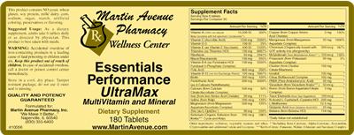 Photo of the Martin Avenue Pharmacy Essentials Performance UltraMax MultiVitamin And Mineral label