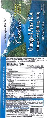 Photo of the Carlson Omega-3 Plus GLA label