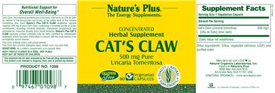 Photo of the Nature's Plus Cat's Claw 500 mg Pure Uncaria Tomentosa label