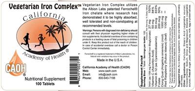 Photo of the California Academy of Health Vegetarian Iron Complex label