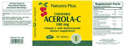 Photo of the Natures Plus Chewable Acerola-C 500 mg Vitamin C with Bioflavonoids label