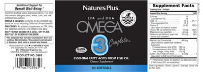 Photo of the Natures Plus Omega 3 Complete label