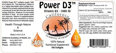 Photo of the California Academy of Health Power D3 label