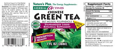 Photo of the Nature's Plus Herbal Actives Chinese Green Tea 267 MG/50% Polyphenols label