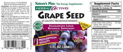 Photo of the Nature's Plus Herbal Actives Grape Seed 25 MG/95% Proanthocyanidins label