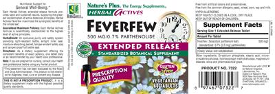 Photo of the Nature's Plus Herbal Actives Feverfew 500 MG/0.7% Parthenolide Extended Release label