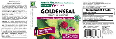 Photo of the Nature's Plus Herbal Actives Goldenseal 250 mg label