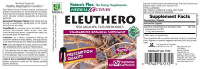 Photo of the Nature's Plus Herbal Actives Eleuthero 250 MG/0.8% Eleutherosides label